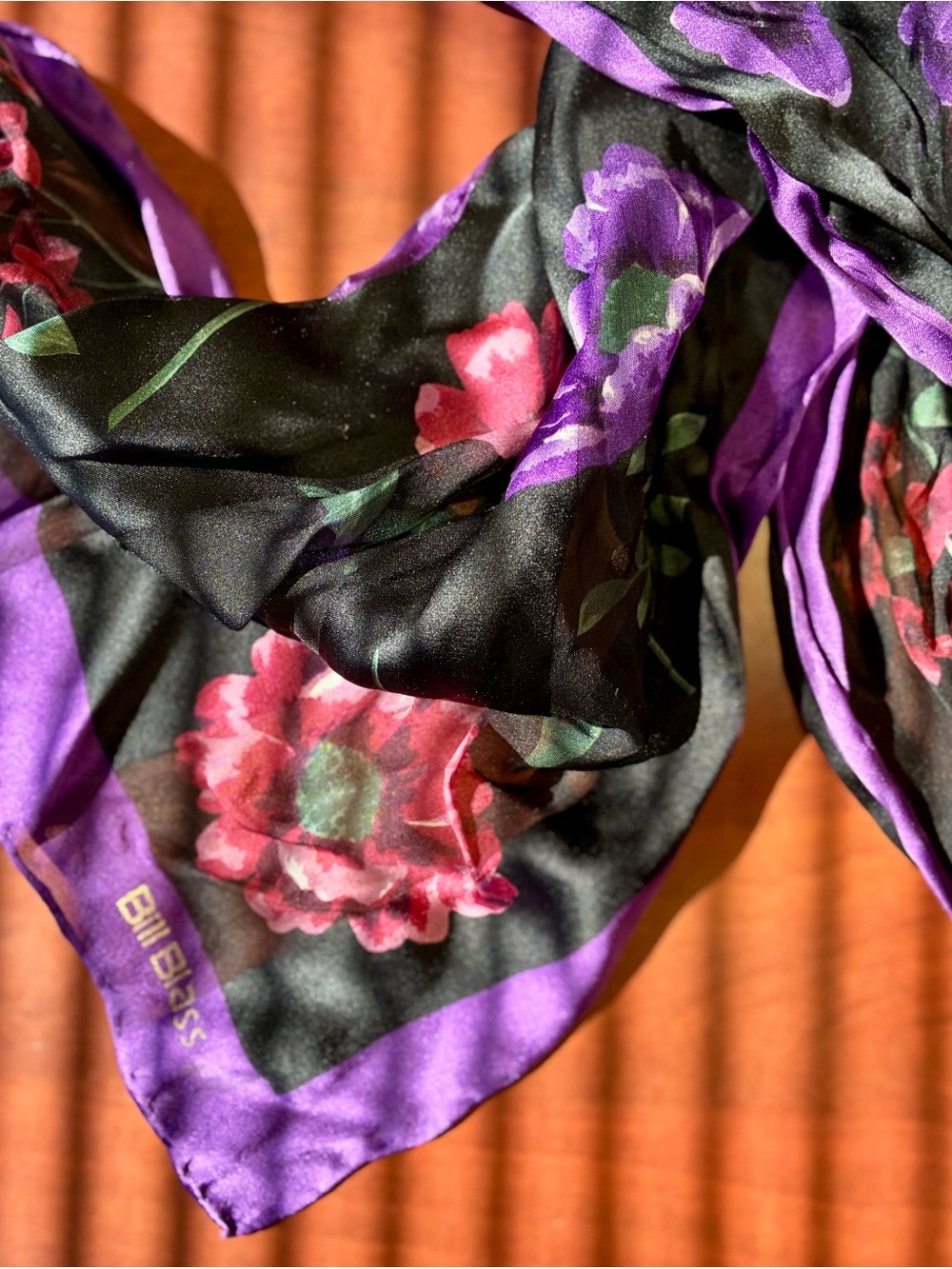 Bill Blass Vintage Black & Purple Floral Silk Scarf